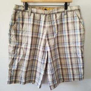 Heat Wave Surf Brand Blue/Brown Plaid Cotton Blend Board Shorts Men's Size 38